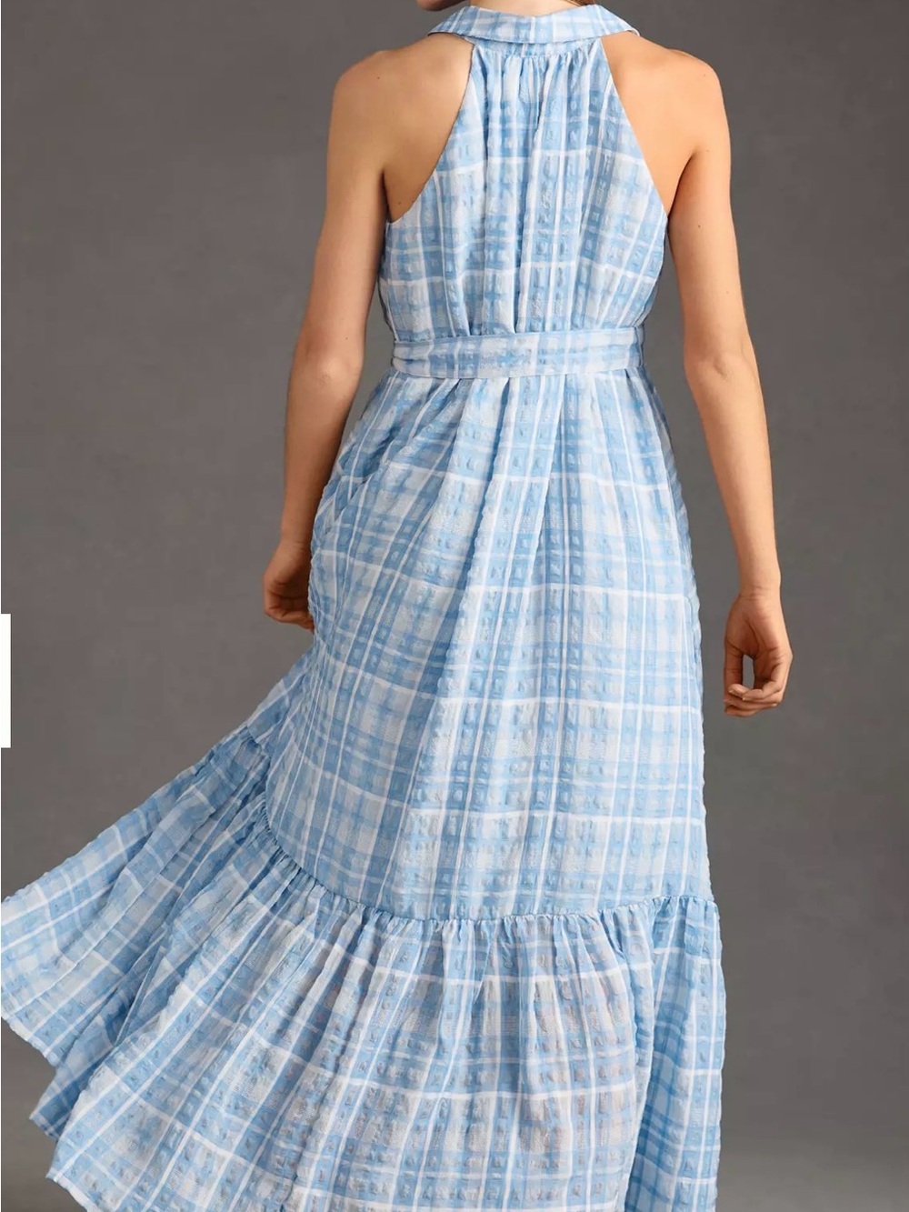 Anthropologie Light Blue Plaid Sleeveless Button-Front Maxi Dress - Picture 2 of 5